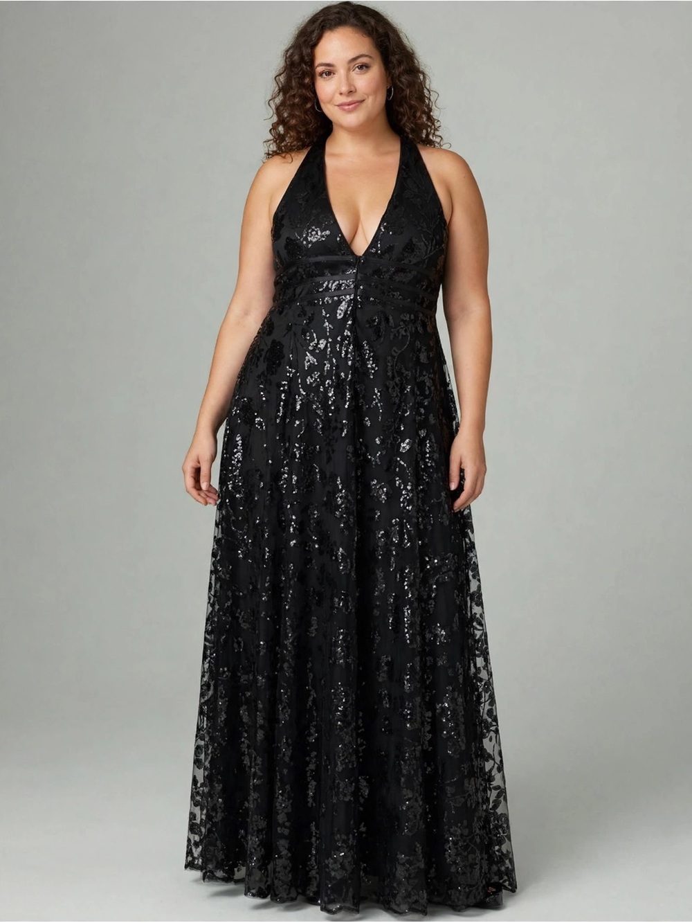 Plus Size Black Halter Sequin Prom Dress